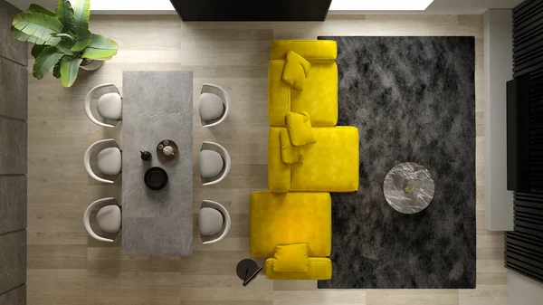 Vista superior Preto minimalista Interior da moderna sala de estar 3D renderização — Fotografia de Stock