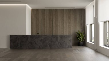 Boş, modern oturma odası 3D görüntüleme.