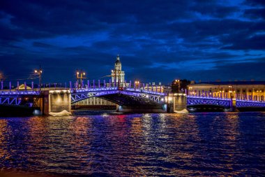 Drawbridges St. Petersburg, Ru ile Neva Nehri'nin gece görünümü