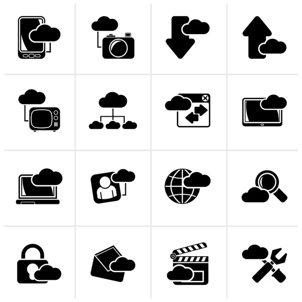 Zwarte wolk diensten en objecten pictogrammen — Stockvector