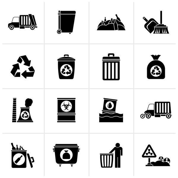 Black Garbage, cleaning and rubbish icons 