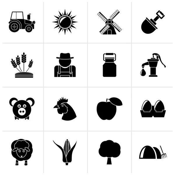 Black landbouw en landbouw pictogrammen — Stockvector