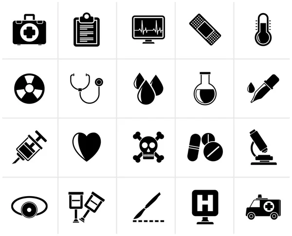 Black medical tools and health care equipment icons — Stock Vector