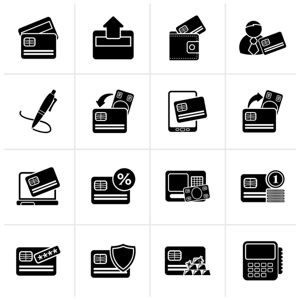 Iconos de tarjeta de crédito negra, terminal de punto de venta y cajero automático — Archivo Imágenes Vectoriales