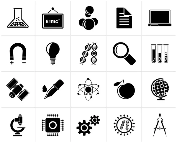 Zwarte pictogrammen voor wetenschap, onderzoek en onderwijs — Stockvector