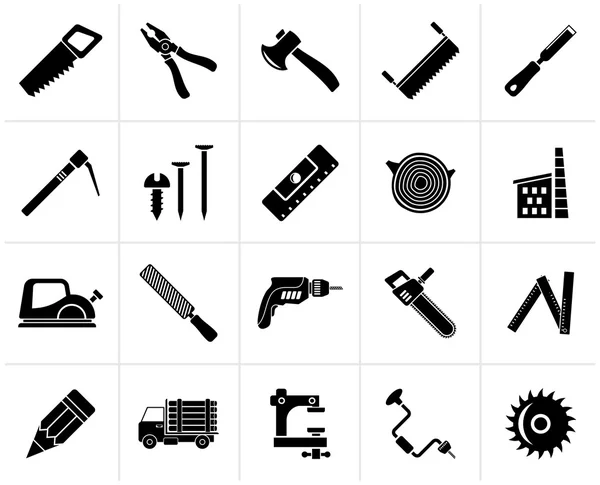 Black Carpentry, logging and woodworking icons — Stock Vector