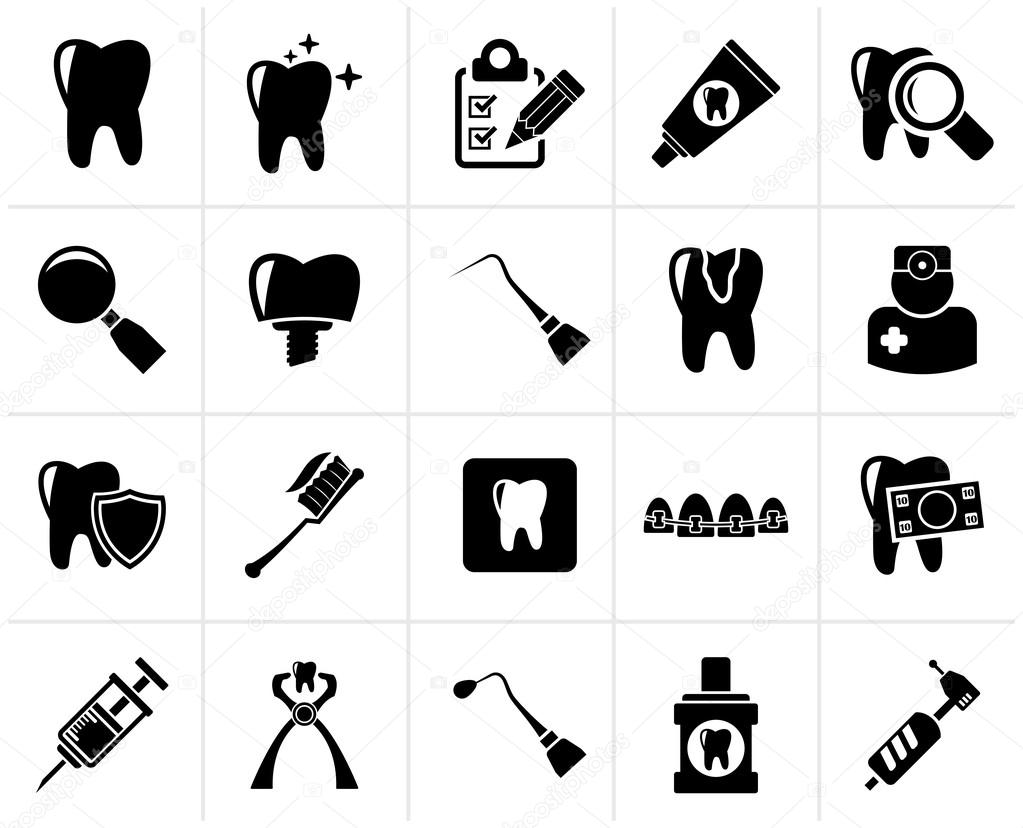 Black dental medicine and tools icons