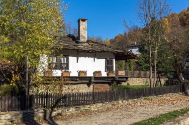 Sonbahar ağaç ve Arnavut kaldırımı Köyü, Bozhentsi, Gabrovo bölgesi içinde Sokak