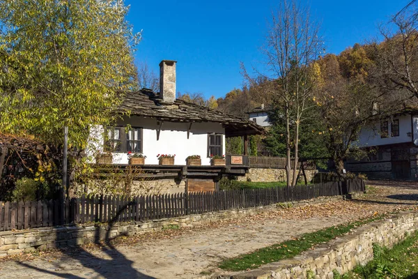 Podzimní strom a starý dům v obci Bozhentsi, regionu Gabrovo — Stock fotografie