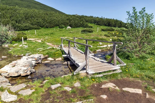 ピリン山の Bezbog 湖の近くの川に架かる木製の橋 — ストック写真