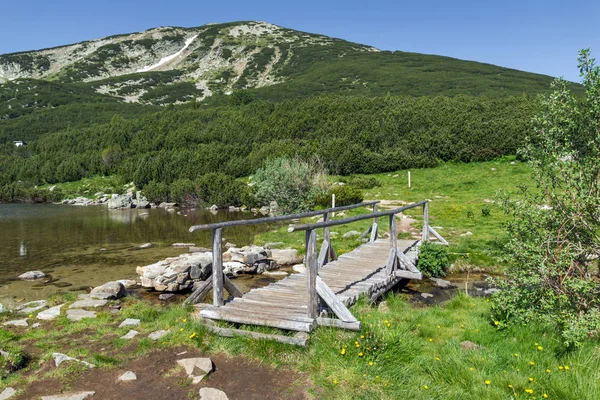 Houten brug over de rivier in Pirin-gebergte, Bezbog lake en piek — Stockfoto