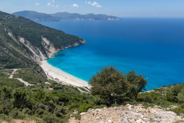 Panoramik manzaralı güzel Myrtos beach, Kefalonia, Ionian Islands