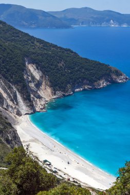 Panoramik manzaralı güzel Myrtos beach, Kefalonia, Ionian Islands