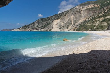 Panoramik manzaralı güzel Myrtos beach, Kefalonia, Ionian Islands