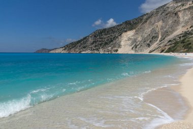 Panoramik manzaralı güzel Myrtos beach, Kefalonia, Ionian Islands