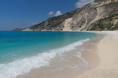 Panoramik manzaralı güzel Myrtos beach, Kefalonia, Ionian Islands