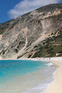 Panoramik manzaralı güzel Myrtos beach, Kefalonia, Ionian Islands,