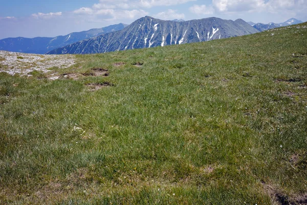 Increíble paisaje de verdes colinas y pico Todorka desde el pico Vihren, montaña Pirin — Foto de Stock