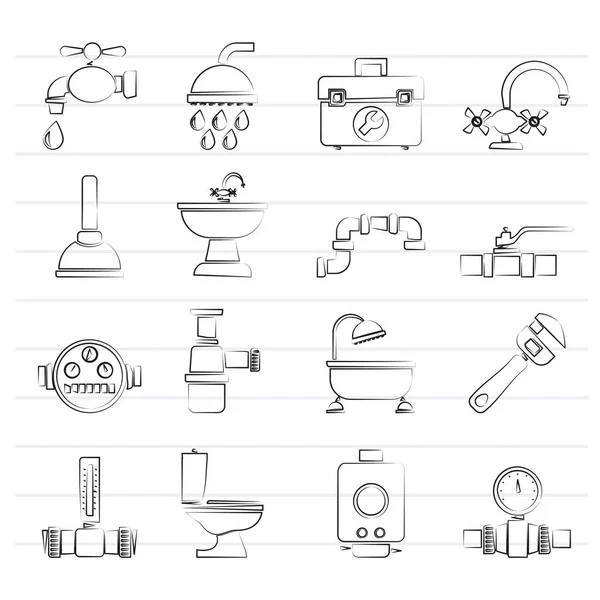 Иконки водопроводных объектов и инструментов — стоковый вектор