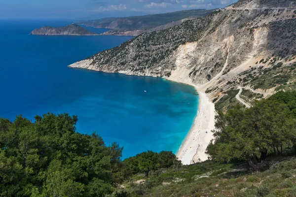Muhteşem panoramik güzel Myrtos Beach, Kefalonia, Ionian Islands