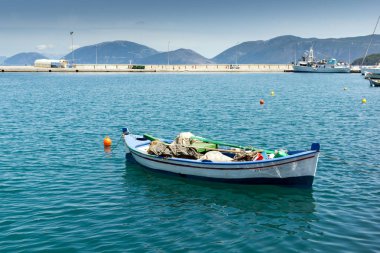 Sami, Kefalonia, Yunanistan - 26 Mayıs 2015: Panorama, bağlantı noktası Sami kasaba, Kefalonia, İyonya Adaları,