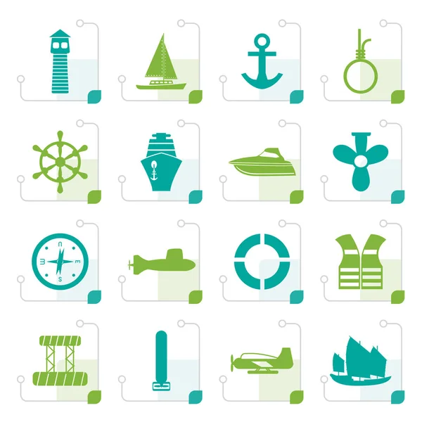 Estilizado simple Marina, Vela y Sea Iconos — Vector de stock