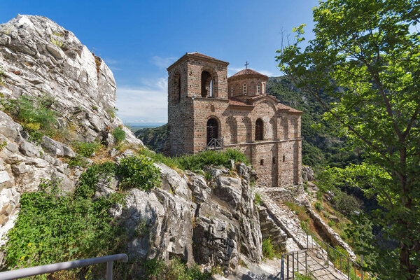 Panorama of Church of the Holy Mother of God in Asen's Fortress and Rhodopes mountain, Asenovgrad, Plovdiv Region