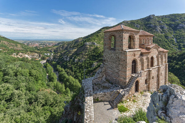 Panorama of Church of the Holy Mother of God in Asen's Fortress and Rhodopes mountain, Asenovgrad, Plovdiv Region