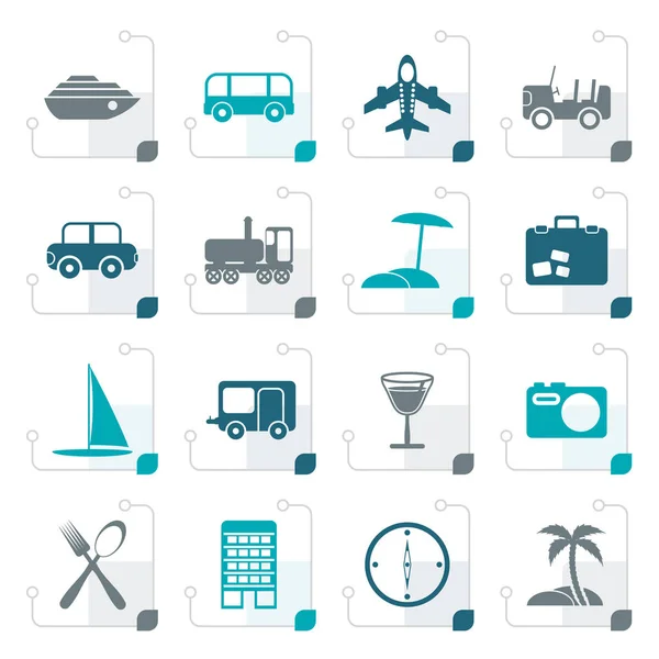 Gestileerde pictogrammen voor reizen, vervoer, toerisme en vakantie — Stockvector