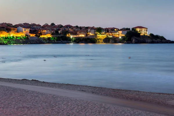 Night photo of old town and beach of of Sozopol town, Burgas Region — Stock Photo, Image