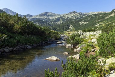 Panoramik Banderishki Kınalı tepe ve dağ nehir, Pirin Dağı