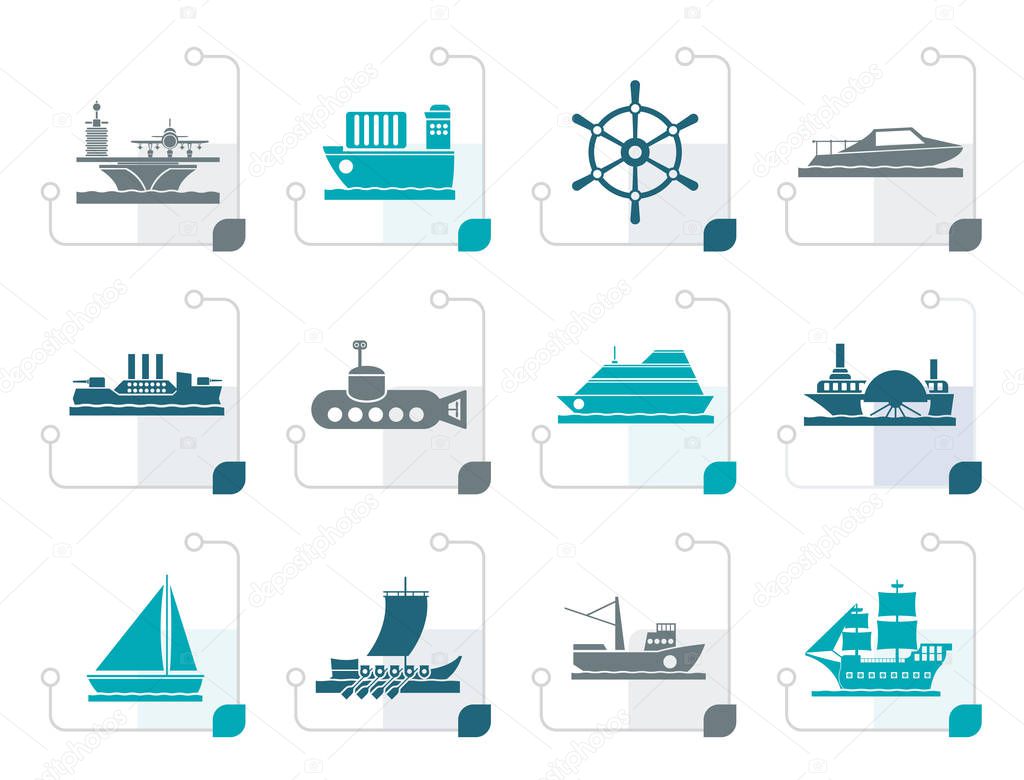 Stylized different types of boat and ship icons