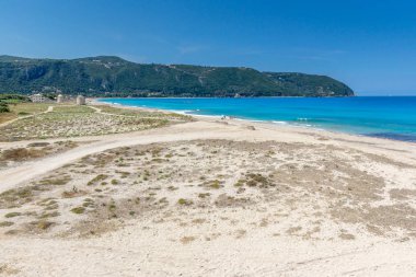 Panoramik manzaralı mavi suları, Lefkada Girapetra Beach