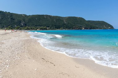 Panoramik manzaralı mavi suları, Lefkada Girapetra Beach