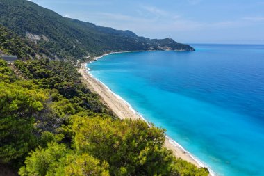 Panoramik manzaralı mavi suları, Lefkada Kokkinos Vrachos Beach