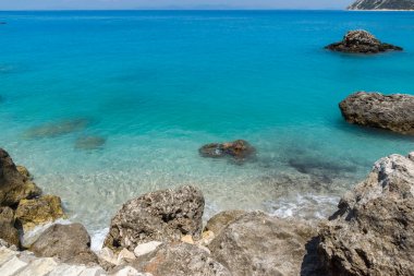 Mavi suları, Lefkada, Ionian Islands Agios Ioannis Beach panoramik