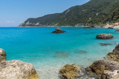 Mavi suları, Lefkada, Ionian Islands Agios Ioannis Beach panoramik