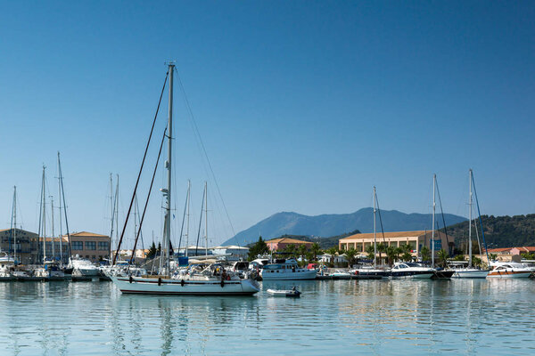 LEFKADA TOWN, GREECE JULY 17, 2014: yacht harbor at Lefkada town