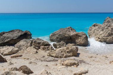 Megali Petra Beach, Lefkada, oniki adalar mavi suların muhteşem deniz manzarası