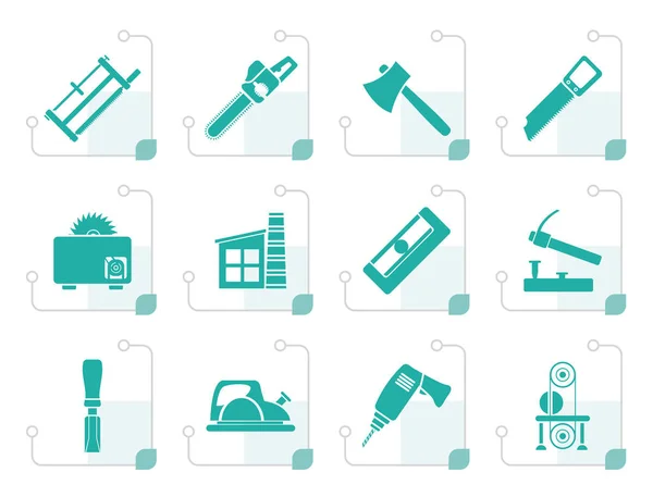 Gestileerde houtbewerking industrie en houtbewerking tools pictogrammen — Stockvector