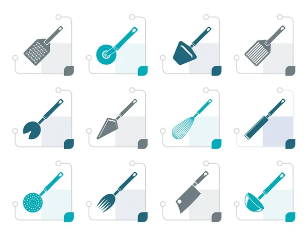 Estilizado diferentes tipos de accesorios de cocina e iconos de equipos — Vector de stock