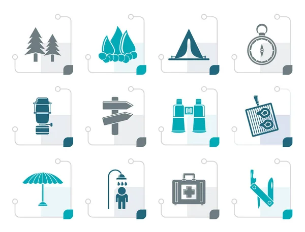 Stylizowane ikony Camping, Podróże i turystyka — Wektor stockowy