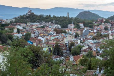 Plovdiv, Bulgaristan - 2 Eylül 2016: Gün batımı görünümü Filibe şehir Nebet tepe Hill