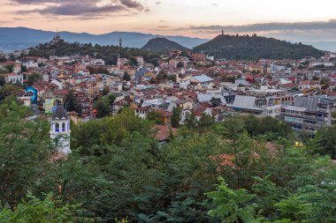 Plovdiv, Bulgaristan - 2 Eylül 2016: Gün batımı görünümü Filibe şehir Nebet tepe Hill