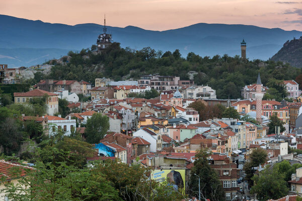 PLOVDIV, BULGARIA - SEPTEMBER 2 2016:  Sunset view of city of Plovdiv from Nebet tepe hill