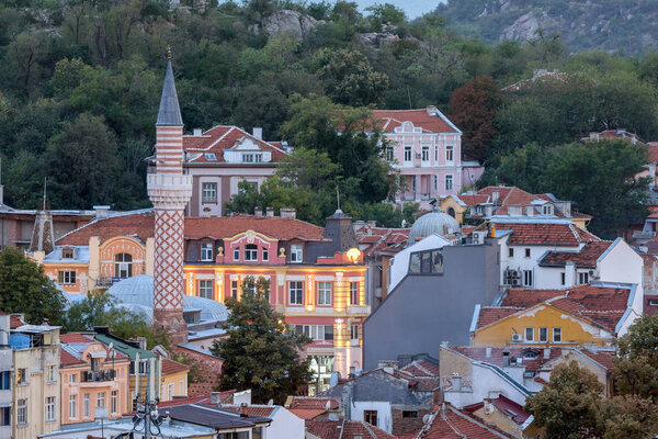 PLOVDIV, BULGARIA - SEPTEMBER 2 2016:  Sunset view of city of Plovdiv from Nebet tepe hill