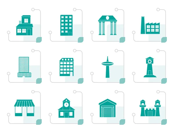 Stylisé différents types d'icônes de bâtiment et de ville — Image vectorielle