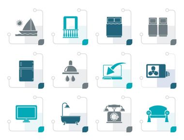 Stilize otel hem de motel Oda imkanları simgeler 