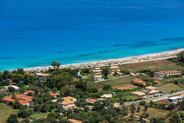 Wspaniała panorama plaży Agios Ioanis, błękitne wody, Lefkada, Grecja — Zdjęcie stockowe