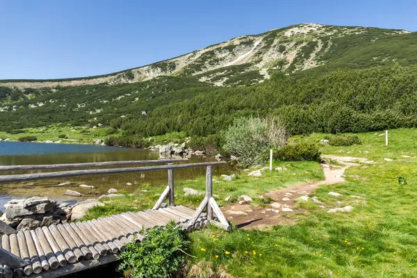 Landskap med träbro över floden i berget Pirin och nära Bezbog lake — Stockfoto